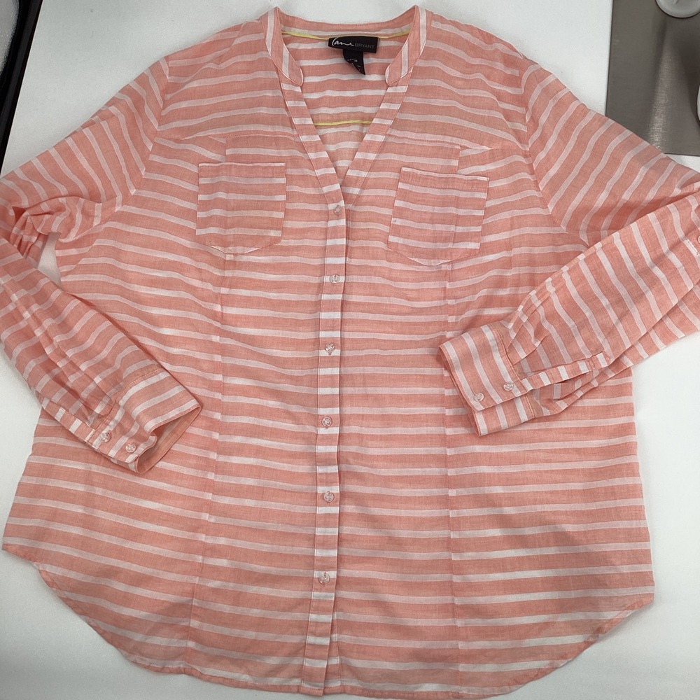Lane Bryant Womens 22/24 Coral Pink Striped Cotton Button Down Shirt V-Neck Top - Picture 2 of 8